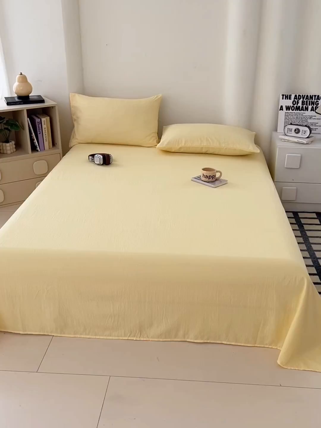 91家纺网 家纺一手货源 找家纺 彩韵家纺 2025新款木m双层纱床单 柠檬黄