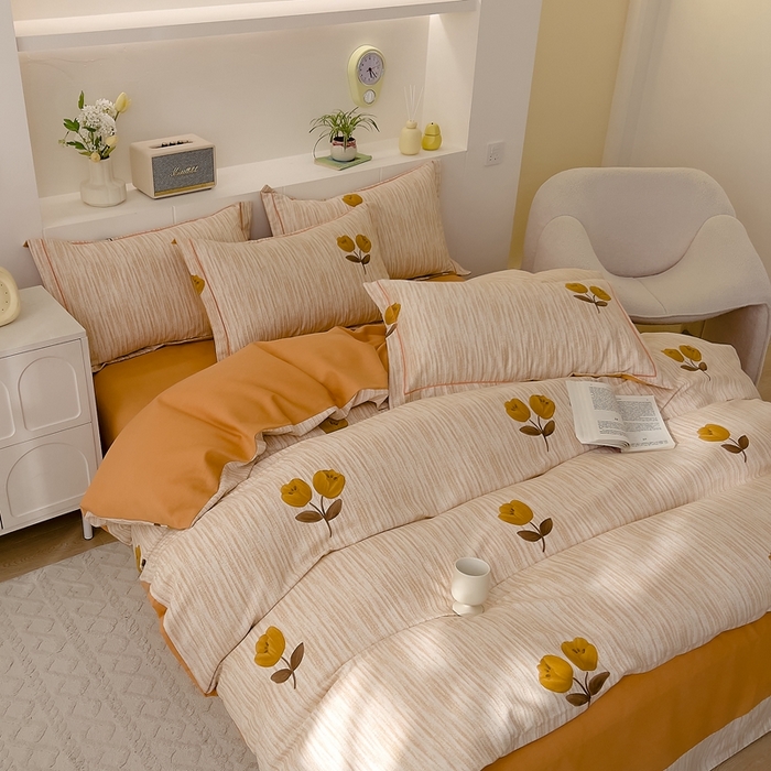 91家纺网 家纺一手货源 找家纺 优品阁 2024新款亲肤舒适全棉磨毛四件套学生三件套系列 多洛塔-咖