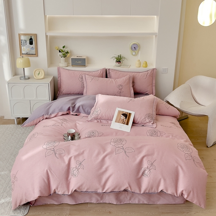 优品阁 2024新款亲肤舒适全棉磨毛四件套学生三件套系列 法风玫瑰-粉