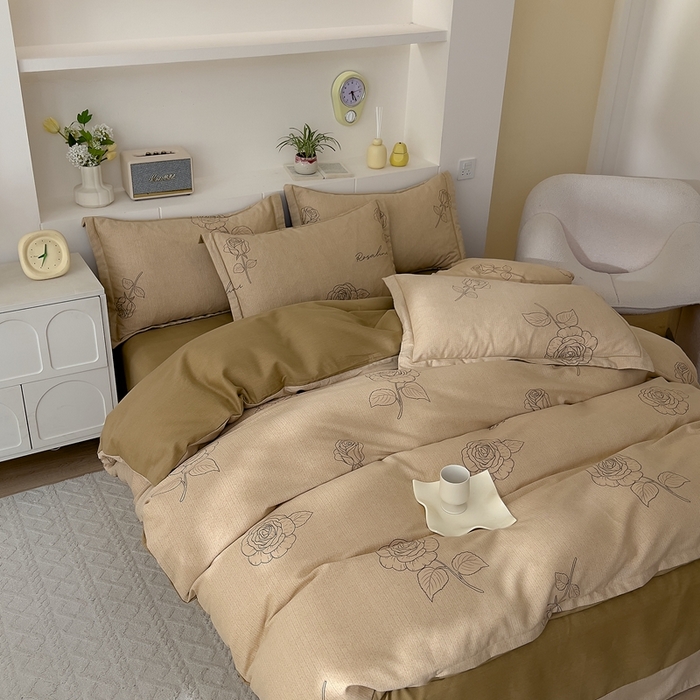 91家纺网 家纺一手货源 找家纺 优品阁 2024新款亲肤舒适全棉磨毛四件套学生三件套系列 法风玫瑰-咖