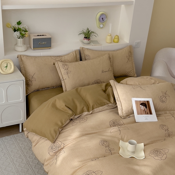 91家纺网 家纺一手货源 找家纺 优品阁 2024新款亲肤舒适全棉磨毛四件套学生三件套系列 法风玫瑰-咖