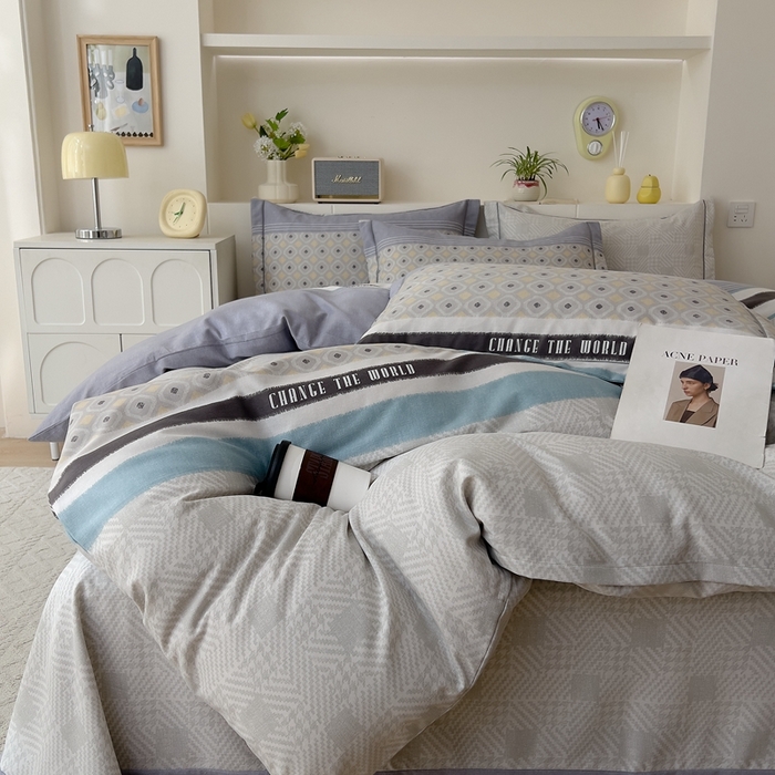 91家纺网 家纺一手货源 找家纺 优品阁 2024新款亲肤舒适全棉磨毛四件套学生三件套系列 摩登气息-灰