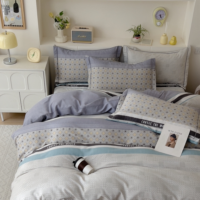 91家纺网 家纺一手货源 找家纺 优品阁 2024新款亲肤舒适全棉磨毛四件套学生三件套系列 摩登气息-灰