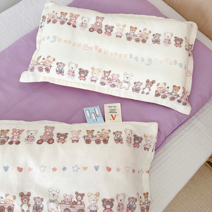 91家纺网 家纺一手货源 找家纺 2025新款全棉26℃有氧双层纱幼儿园多件套 快乐小熊