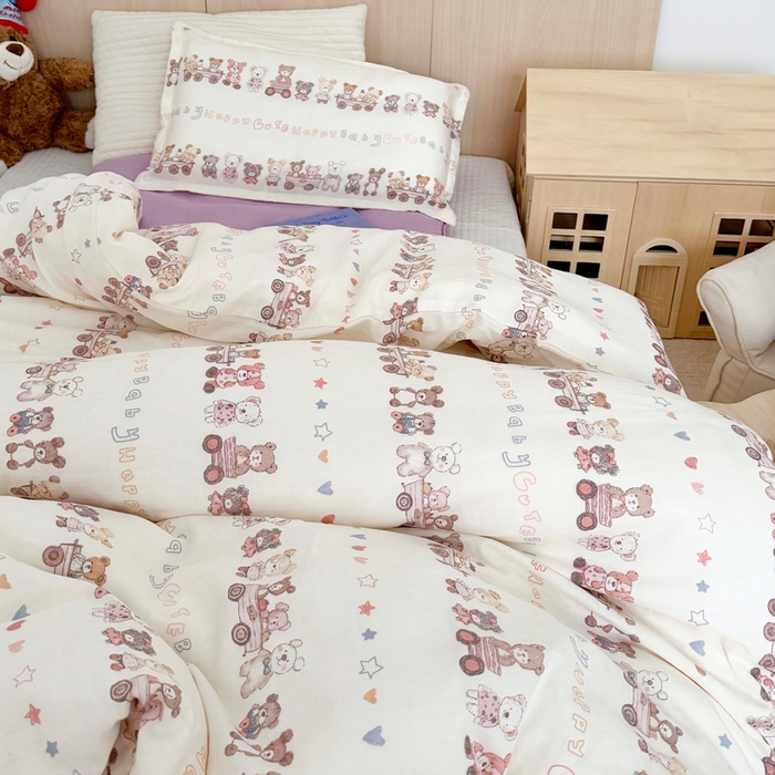 91家纺网 家纺一手货源 找家纺 2025新款全棉26℃有氧双层纱幼儿园多件套 快乐小熊