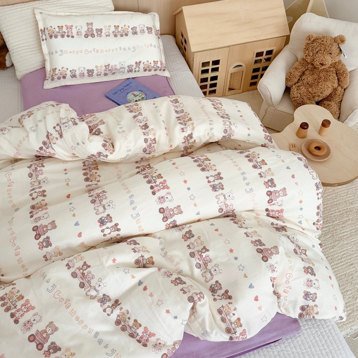 91家纺网 家纺一手货源 找家纺 2025新款全棉26℃有氧双层纱幼儿园多件套 快乐小熊