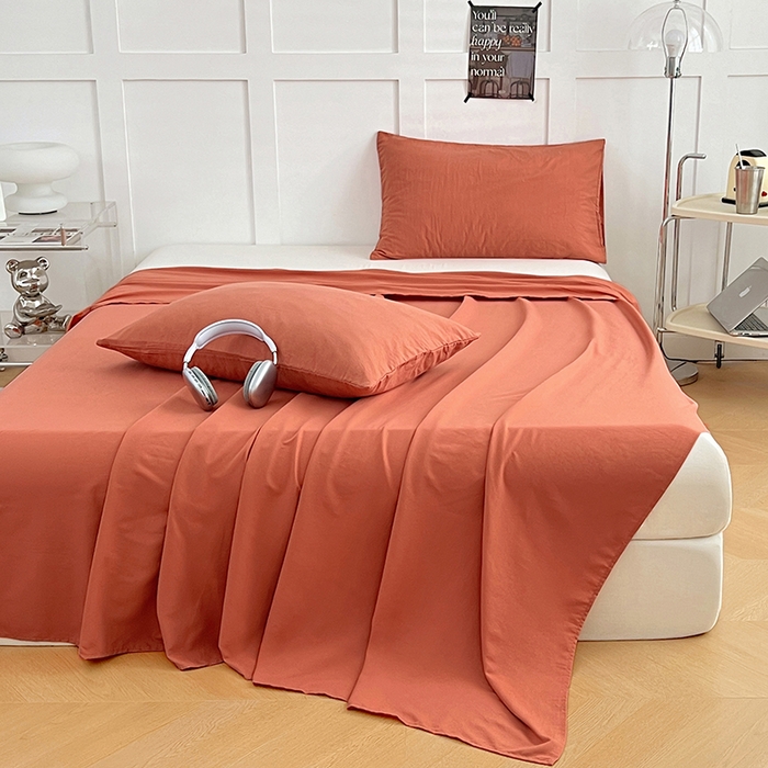 91家纺网 家纺一手货源 找家纺 彩韵家纺 2025新款柔软云感水洗m床单系列 落日橙