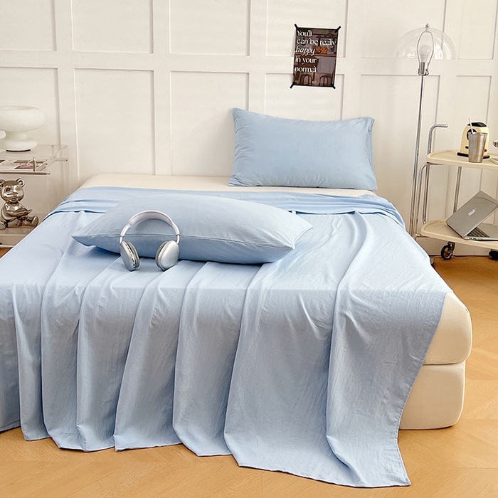 91家纺网 家纺一手货源 找家纺 彩韵家纺 2025新款柔软云感水洗m床单系列 天空蓝