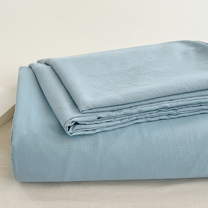 91家纺网 家纺一手货源 找家纺 彩韵家纺 2025新款柔软云感水洗m床单系列 奶油蓝