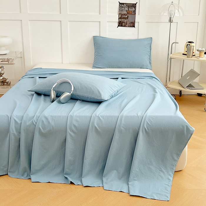 91家纺网 家纺一手货源 找家纺 彩韵家纺 2025新款柔软云感水洗m床单系列 奶油蓝