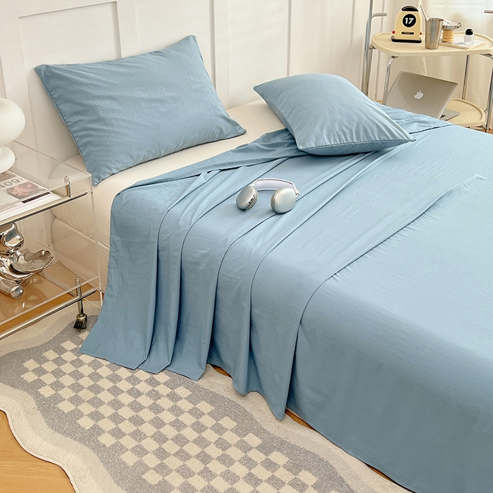 91家纺网 家纺一手货源 找家纺 彩韵家纺 2025新款柔软云感水洗m床单系列 奶油蓝