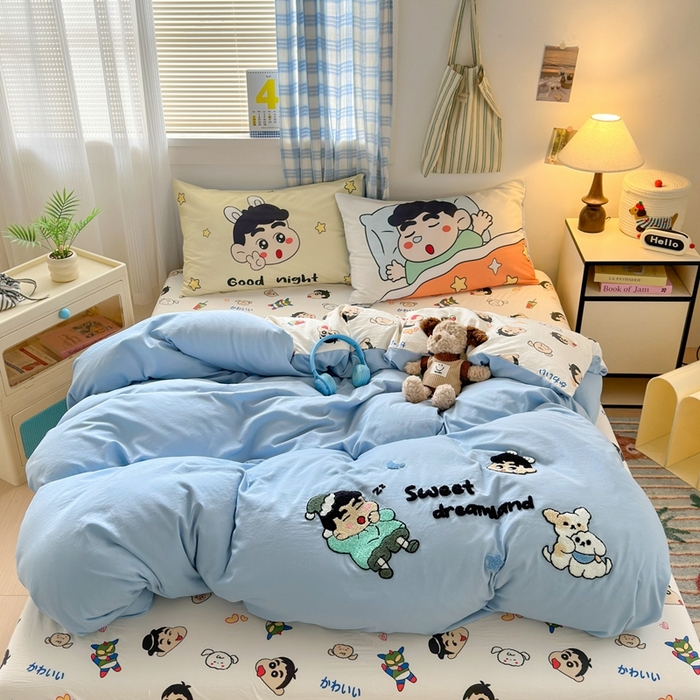 一霖家纺 2025新款高克重云朵棉数码印花＋毛巾绣四件套 晚安 小新