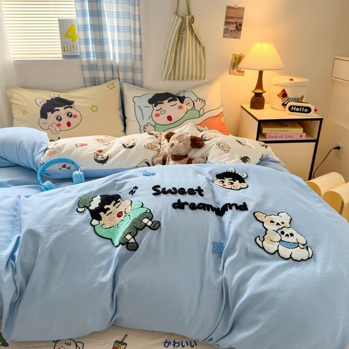 91家纺网 家纺一手货源 找家纺 一霖家纺 2025新款高克重云朵棉数码印花＋毛巾绣四件套 晚安 小新