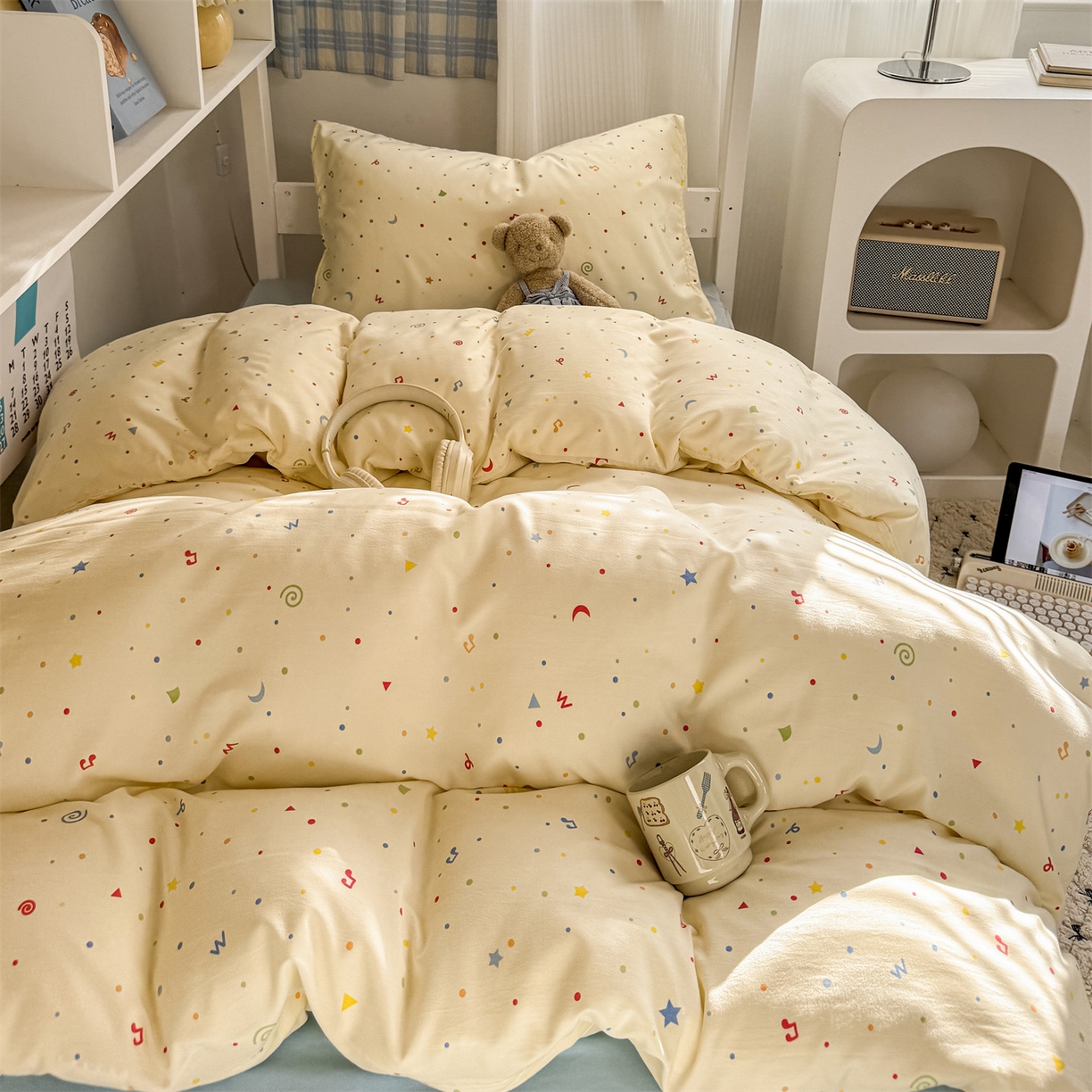 91家纺网 家纺一手货源 找家纺 多品家纺 2025新款ins风水洗棉学生宿舍上下铺三件套 芝士黄