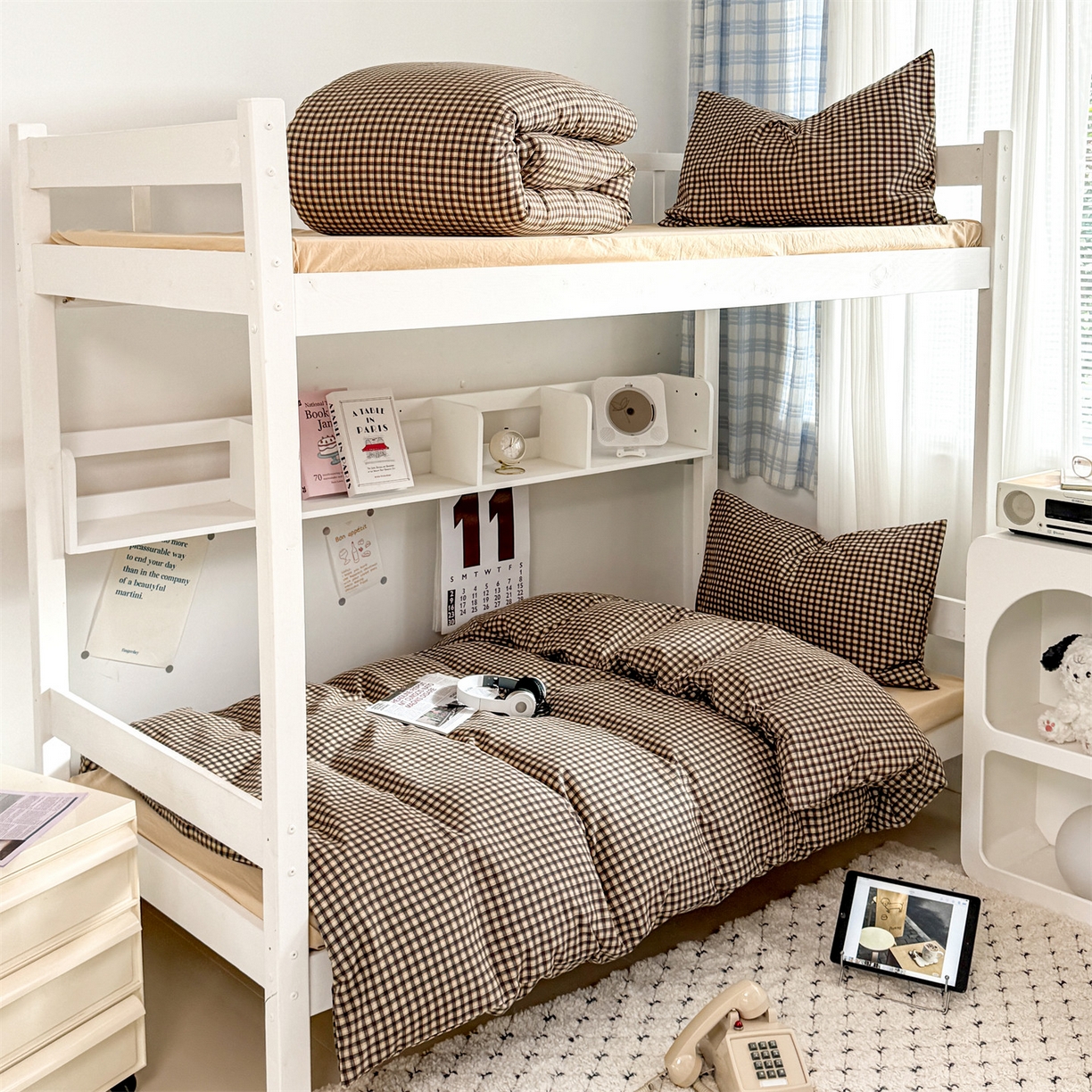 多品家纺 2025新款ins风水洗棉学生宿舍上下铺三件套 黑小格杏黄