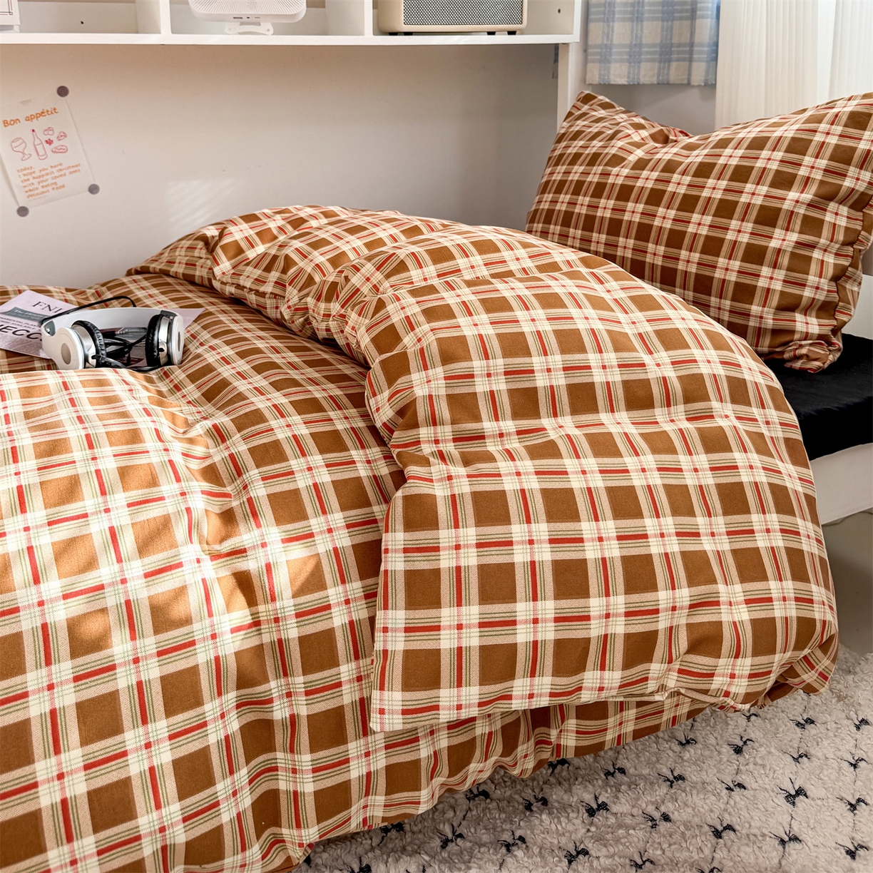 91家纺网 家纺一手货源 找家纺 多品家纺 2025新款ins风水洗棉学生宿舍上下铺三件套 时光黑