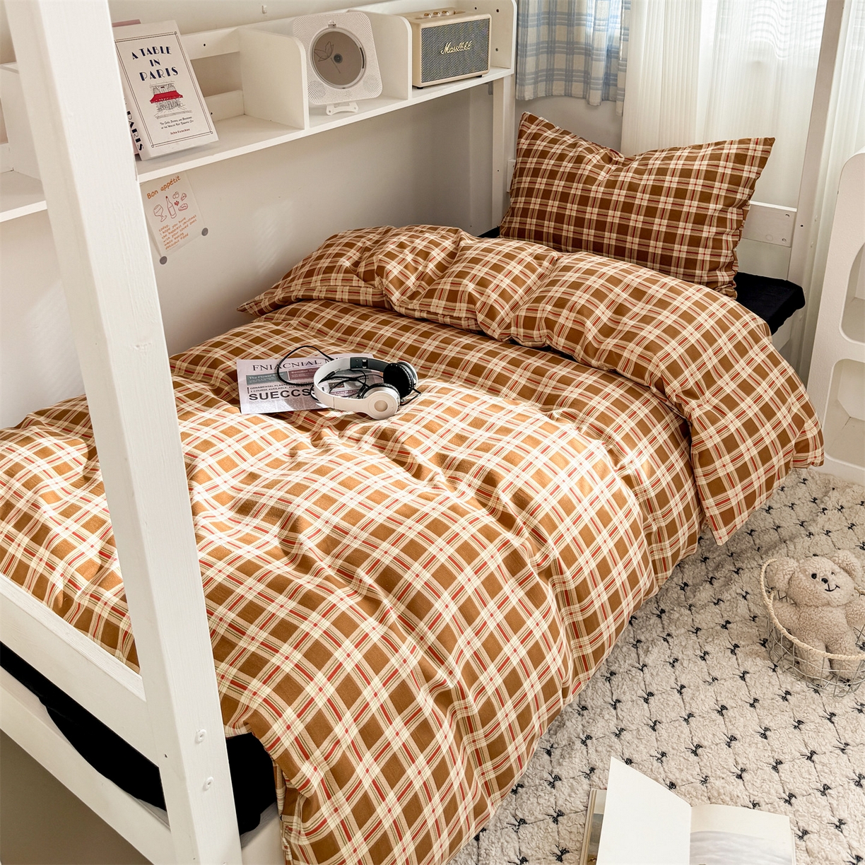 91家纺网 家纺一手货源 找家纺 多品家纺 2025新款ins风水洗棉学生宿舍上下铺三件套 时光黑