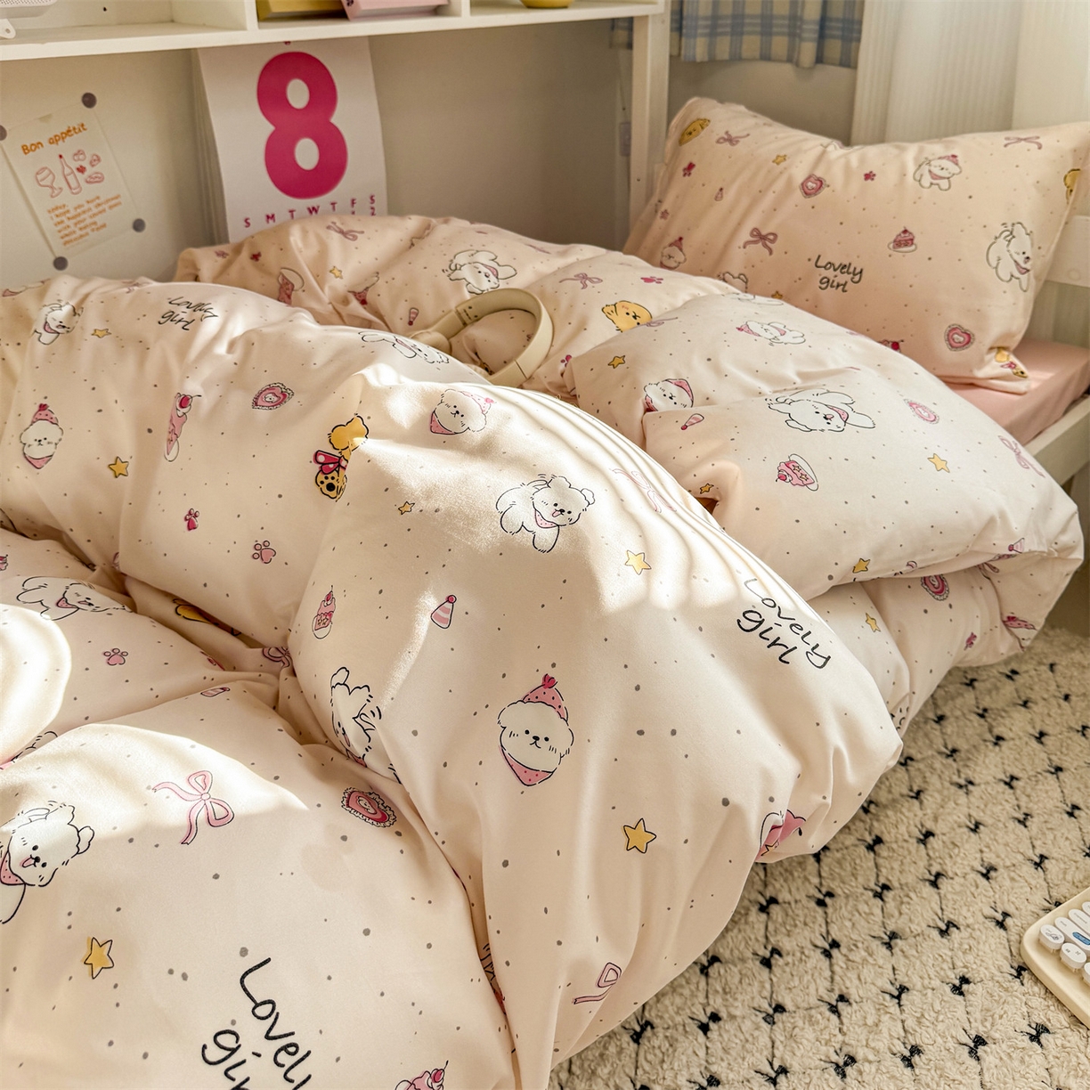 91家纺网 家纺一手货源 找家纺 多品家纺 2025新款ins风水洗棉学生宿舍上下铺三件套 蛋糕狗