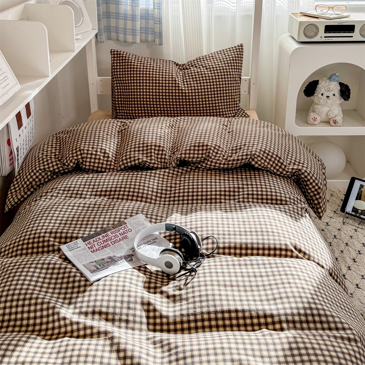 91家纺网 家纺一手货源 找家纺 多品家纺 2025新款ins风水洗棉学生宿舍上下铺三件套 黑小格杏黄