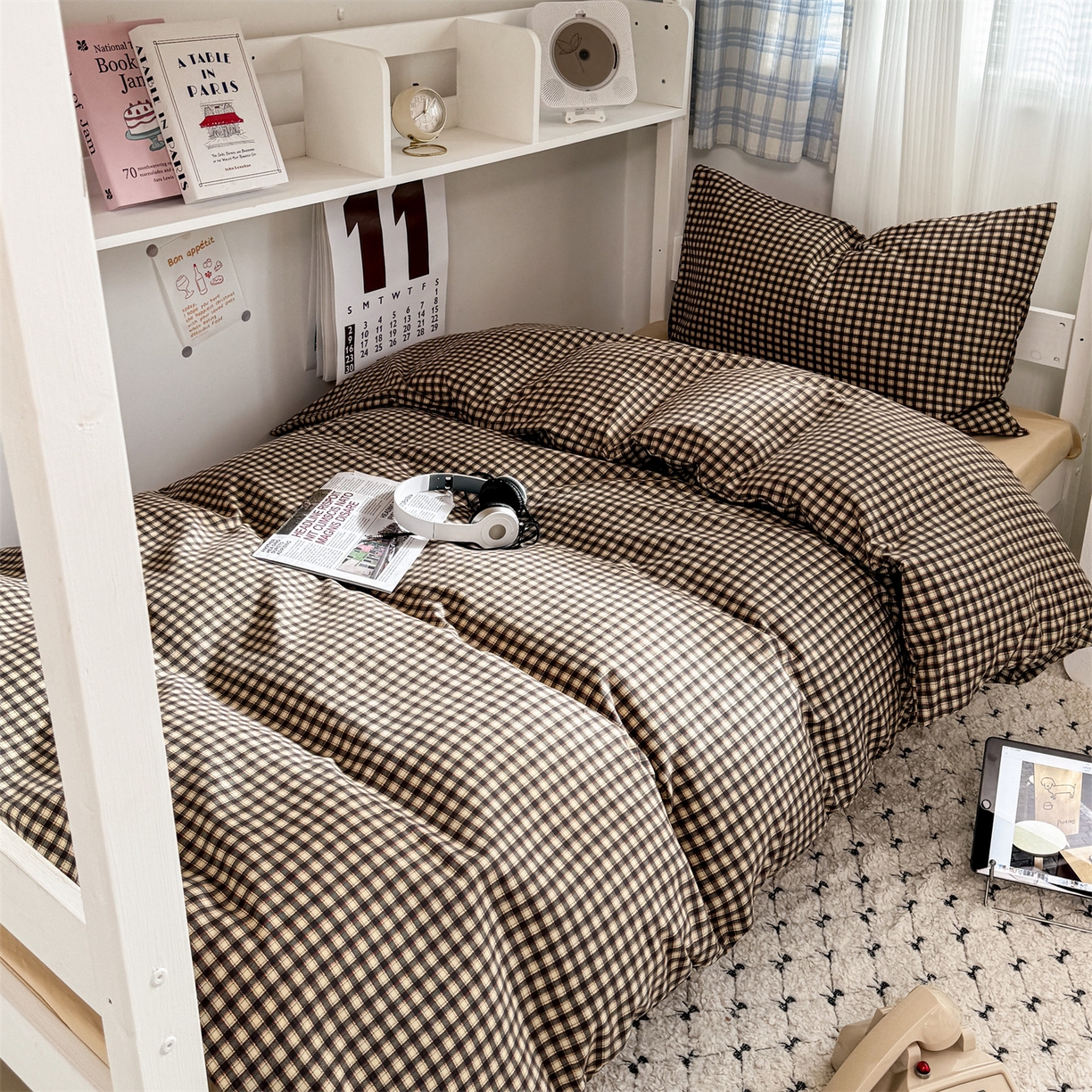 91家纺网 家纺一手货源 找家纺 多品家纺 2025新款ins风水洗棉学生宿舍上下铺三件套 黑小格杏黄