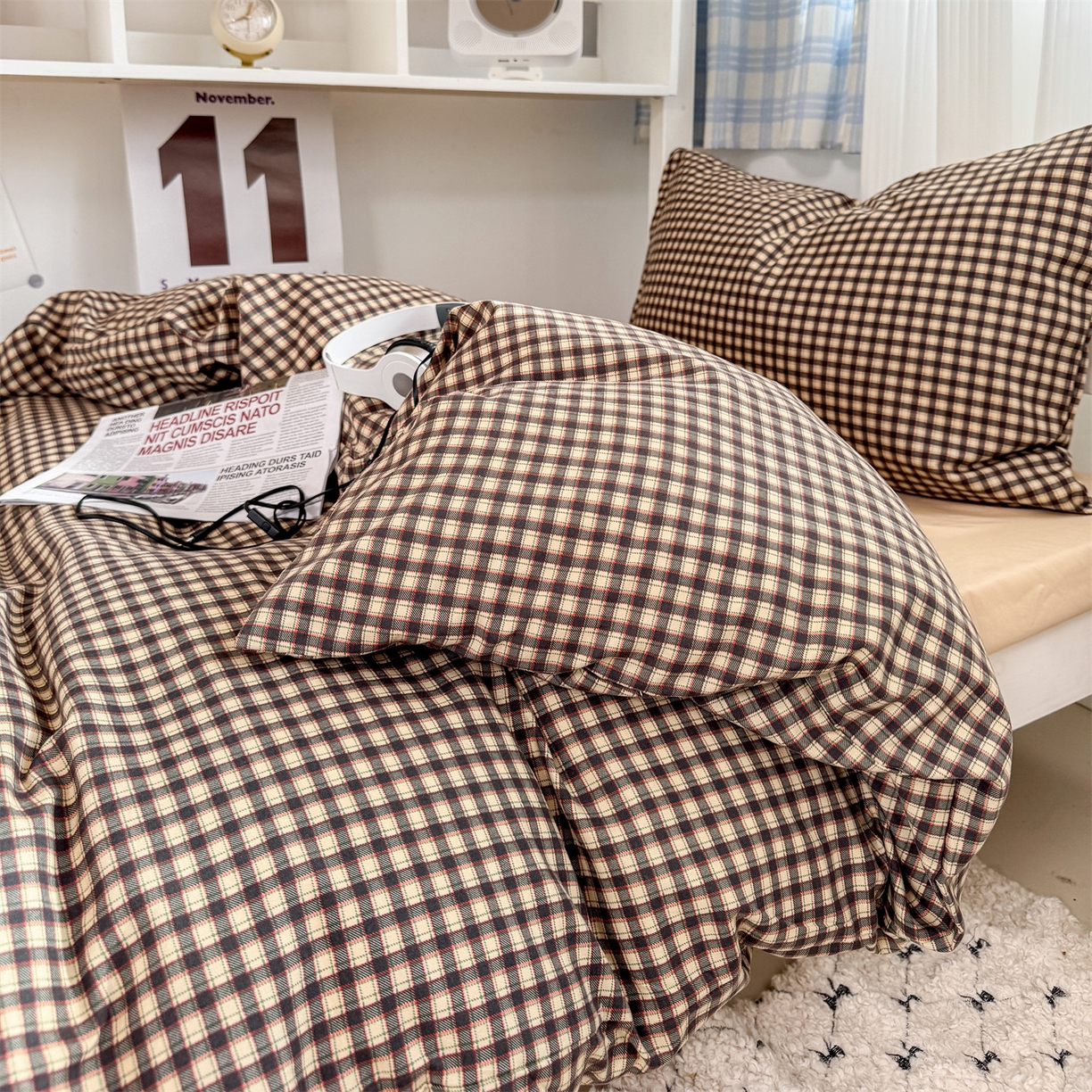 91家纺网 家纺一手货源 找家纺 多品家纺 2025新款ins风水洗棉学生宿舍上下铺三件套 黑小格杏黄