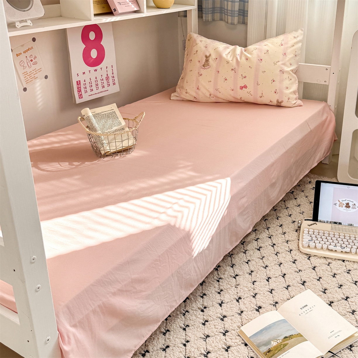 91家纺网 家纺一手货源 找家纺 多品家纺 2025新款ins风水洗棉学生宿舍上下铺三件套 小兔斑比