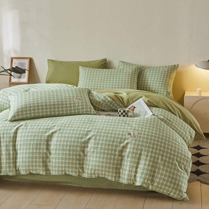 91家纺网 家纺一手货源 找家纺 莱通家纺 2025新款纯色双拼四件套 绿小格