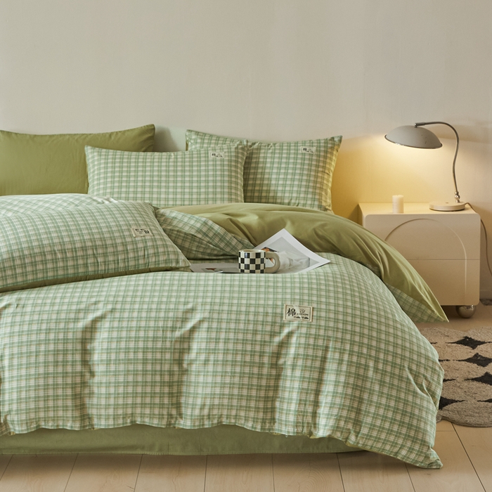 91家纺网 家纺一手货源 找家纺 莱通家纺 2025新款纯色双拼四件套 绿小格
