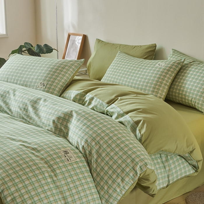 91家纺网 家纺一手货源 找家纺 莱通家纺 2025新款纯色双拼四件套 绿小格,绿小格