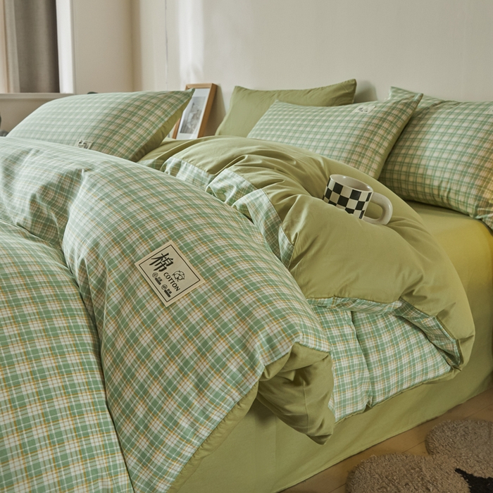 91家纺网 家纺一手货源 找家纺 莱通家纺 2025新款纯色双拼四件套 绿小格