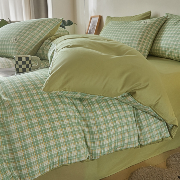 91家纺网 家纺一手货源 找家纺 莱通家纺 2025新款纯色双拼四件套 绿小格