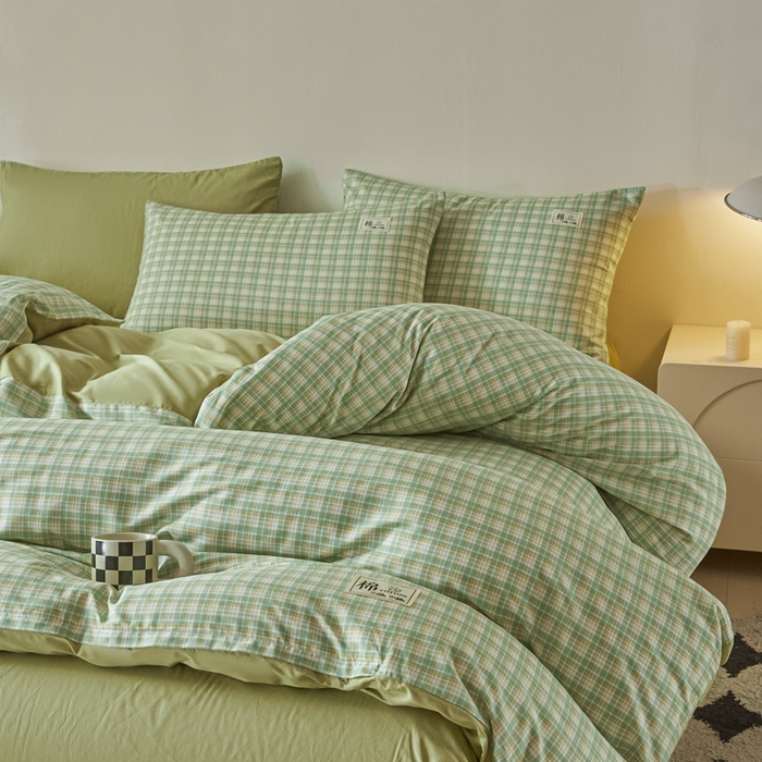 91家纺网 家纺一手货源 找家纺 莱通家纺 2025新款纯色双拼四件套 绿小格