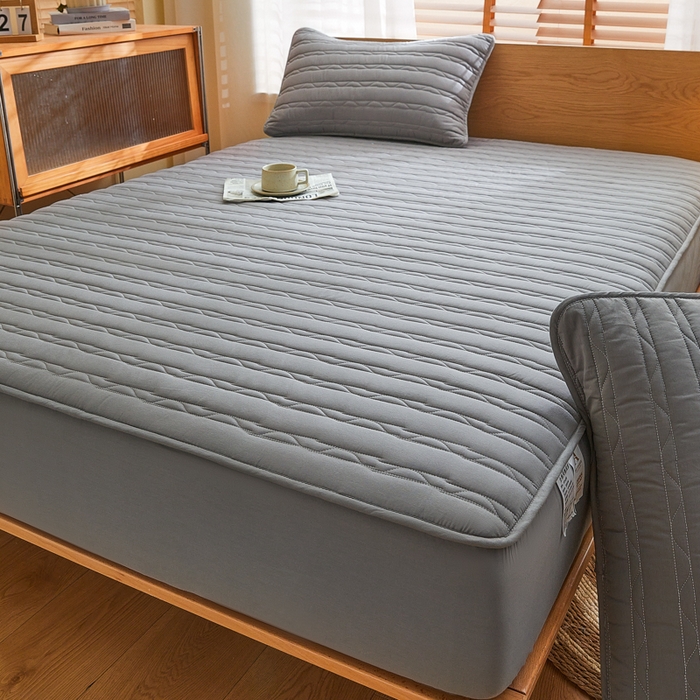 91家纺网 家纺一手货源 找家纺 雪云美2025新款全棉夹棉床笠斜纹A类纯棉床罩可定制尺寸 条纹- 灰色