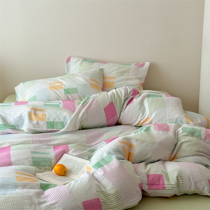 91家纺网 家纺一手货源 找家纺 山舍家居 2025新款母婴级全棉双层皱皱纱四件套 玫莓芭乐-绿