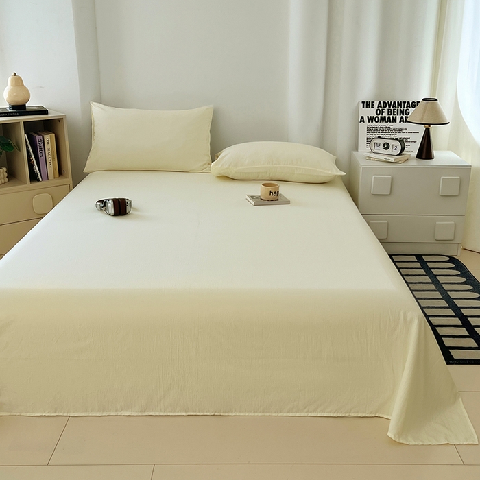 91家纺网 家纺一手货源 找家纺 卡迪熊家纺2025新款木m双层纱床单 月牙黄