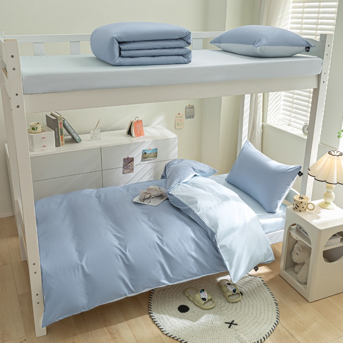 91家纺网 家纺一手货源 找家纺 涵宸家纺 2025新款全棉拼色纯色宿舍套件-米兰 米兰（湖兰+晨雾兰）