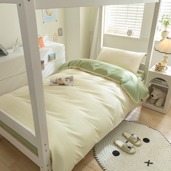 91家纺网 家纺一手货源 找家纺 涵宸家纺 2025新款全棉拼色纯色宿舍套件-米兰 米兰（奶白+月光绿）
