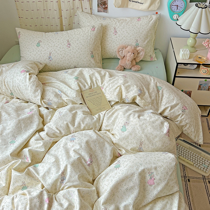 91家纺网 家纺一手货源 找家纺 耀悦家纺 2025新款13070全棉印花四件套 稻香小兔