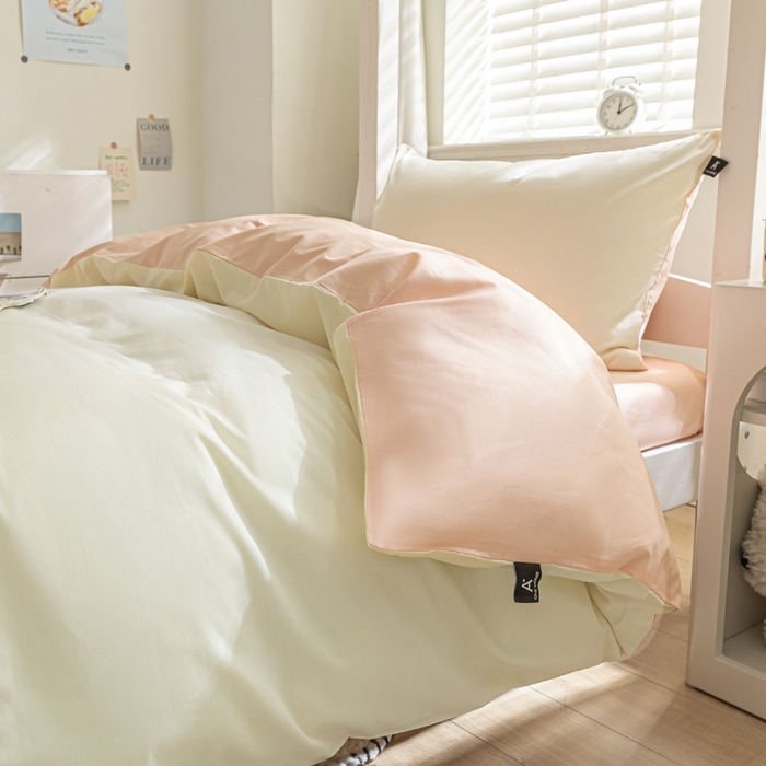 91家纺网 家纺一手货源 找家纺 涵宸家纺 2025新款全棉拼色纯色宿舍套件-米兰 米兰（奶白+烟粉）