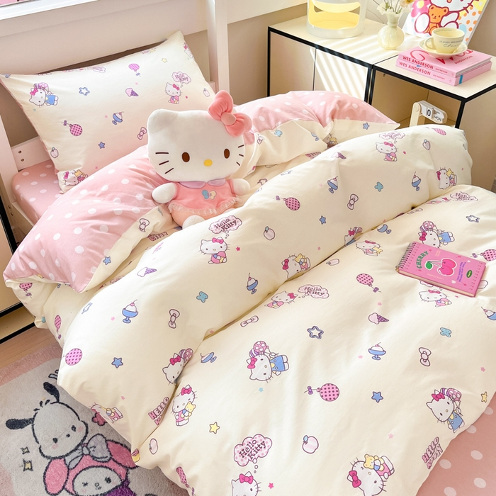 91家纺网 家纺一手货源 找家纺 暮思家居 2025新款三丽鸥授权全棉少女印花系列学生宿舍三件套四件套 甜筒凯蒂