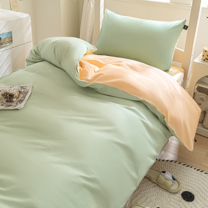 91家纺网 家纺一手货源 找家纺 涵宸家纺 2025新款全棉拼色纯色宿舍套件-米兰 米兰（月光绿+浅黄）