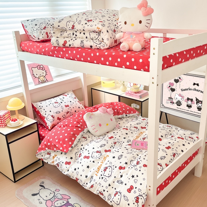 91家纺网 家纺一手货源 找家纺 暮思家居 2025新款三丽鸥授权全棉少女印花系列学生宿舍三件套四件套 糖果KT