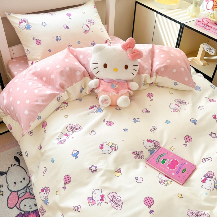 91家纺网 家纺一手货源 找家纺 暮思家居 2025新款三丽鸥授权全棉少女印花系列学生宿舍三件套四件套 甜筒凯蒂