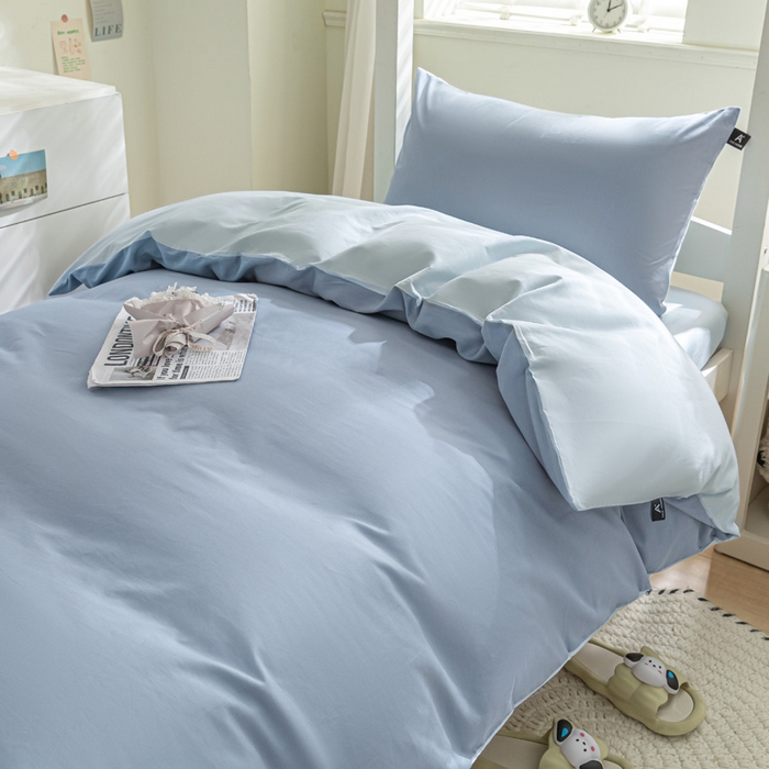 91家纺网 家纺一手货源 找家纺 涵宸家纺 2025新款全棉拼色纯色宿舍套件-米兰 米兰（湖兰+晨雾兰）