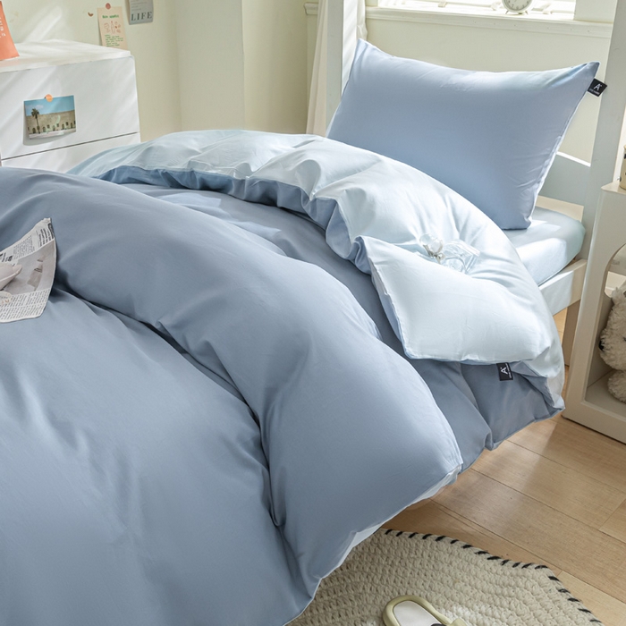 91家纺网 家纺一手货源 找家纺 涵宸家纺 2025新款全棉拼色纯色宿舍套件-米兰 米兰（湖兰+晨雾兰）