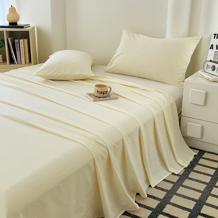 91家纺网 家纺一手货源 找家纺 卡迪熊家纺2025新款木m双层纱床单 月牙黄