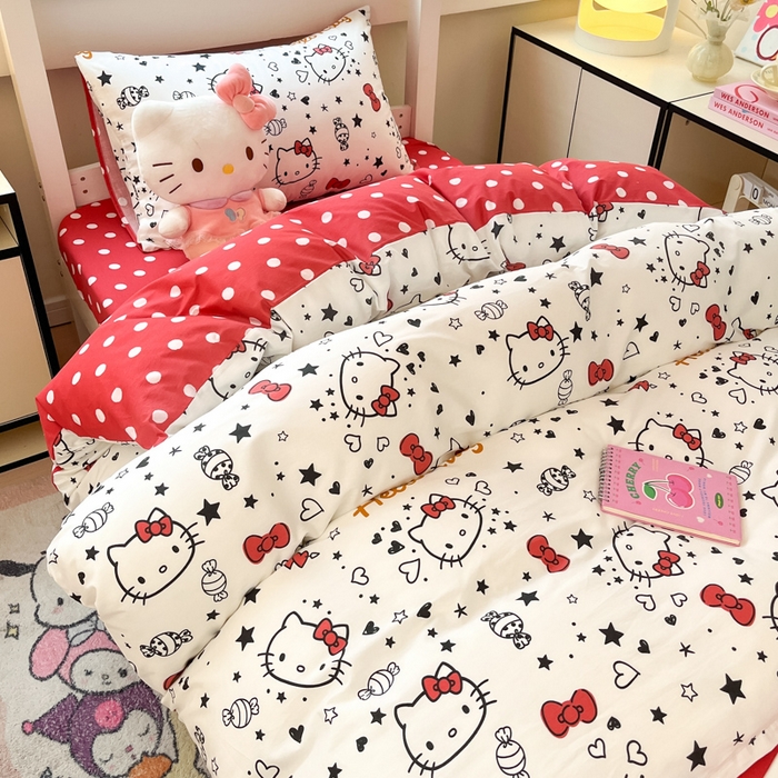 91家纺网 家纺一手货源 找家纺 暮思家居 2025新款三丽鸥授权全棉少女印花系列学生宿舍三件套四件套 糖果KT