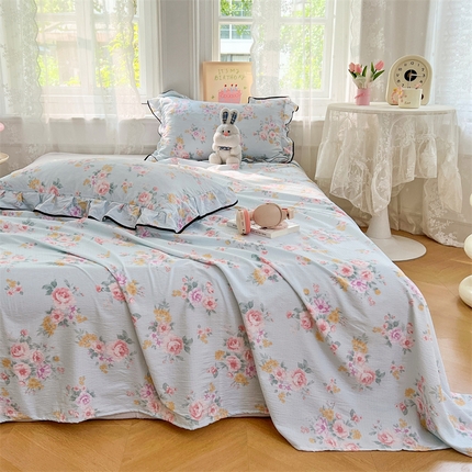 91家纺网 家纺一手货源 找家纺 圣比熊 2025新款皱皱双层纱印花床单 繁花入梦-印花床单