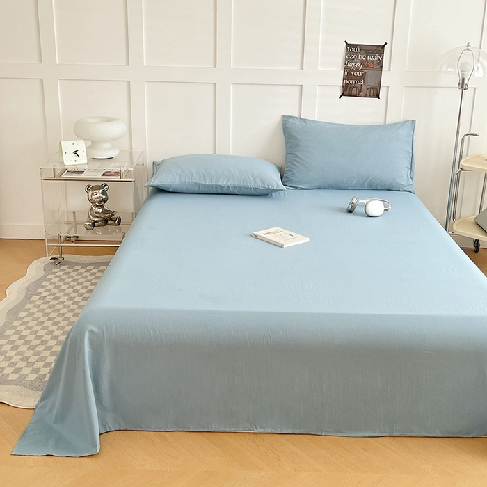 91家纺网 家纺一手货源 找家纺 卡迪熊家纺2025新款水洗m床单 奶油蓝