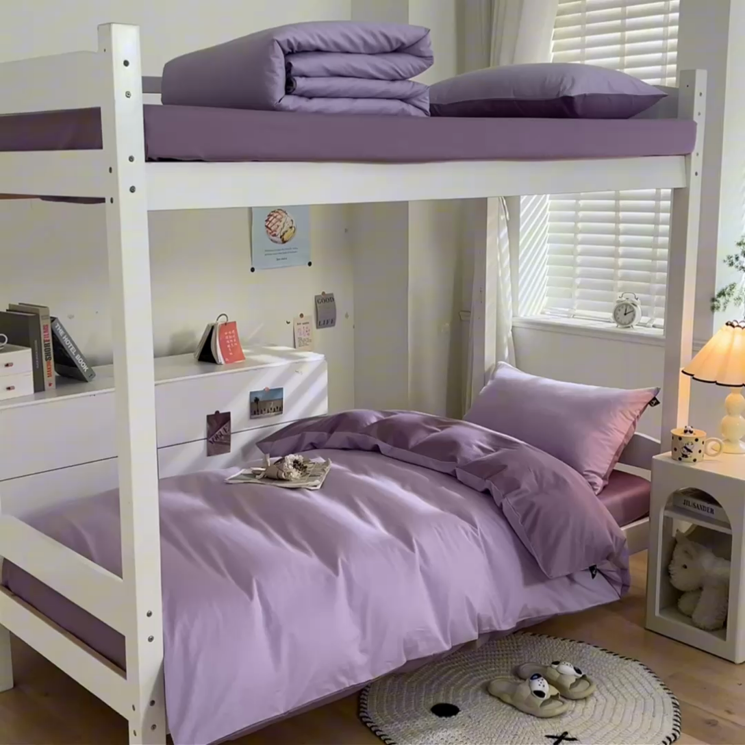 91家纺网 家纺一手货源 找家纺 涵宸家纺 2025新款全棉拼色纯色宿舍套件-米兰 米兰（优雅紫+青紫）